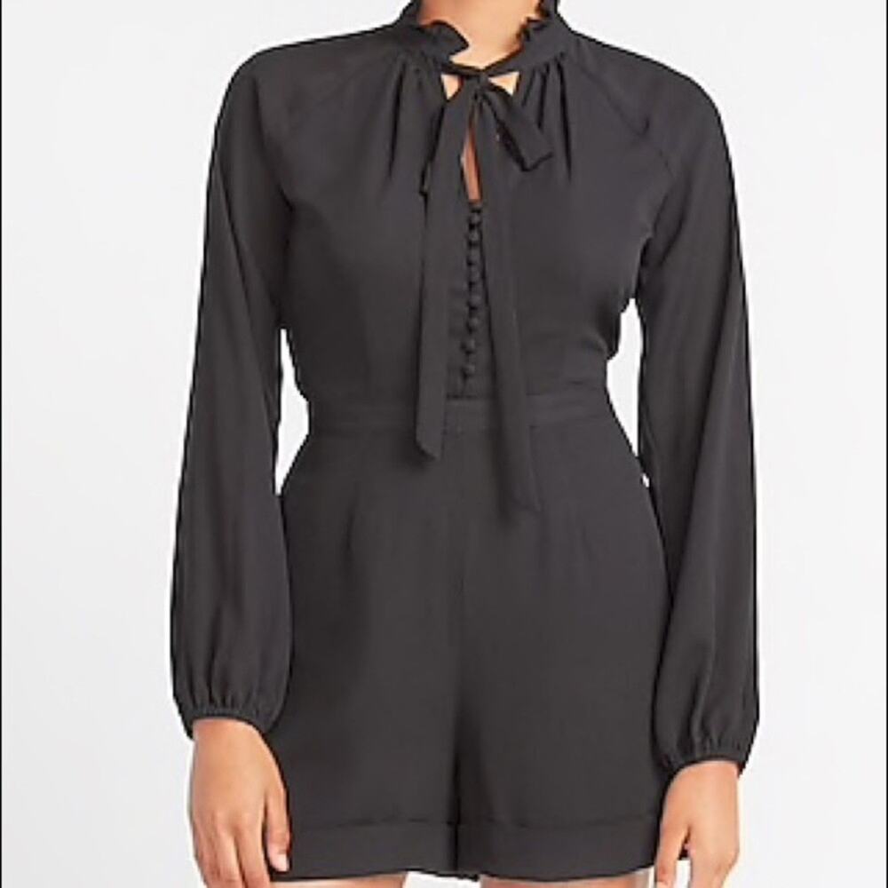 Women's Black Express Romper Long Sleeve Tie Neck 100% Polyester Size 2